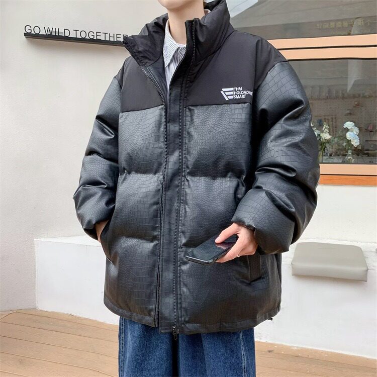 2025冬季新款美式街头复古PU皮鳄鱼纹拼色立领面包棉服外套男女潮,男装棉衣,星座715-4