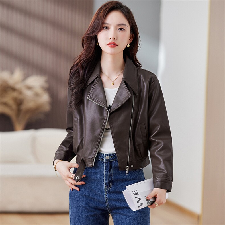 皮衣外套女春秋短款夹克k2023春秋装新款韩版宽松复古港风上衣,女装皮衣,江南女神