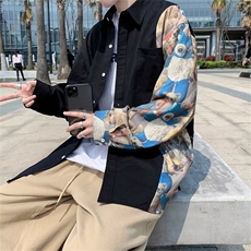 秋季潮牌衬衫男长袖小熊拼接衬衣日系复古衬衣情侣外套W5971-P28，男装衬衫，星座512-2