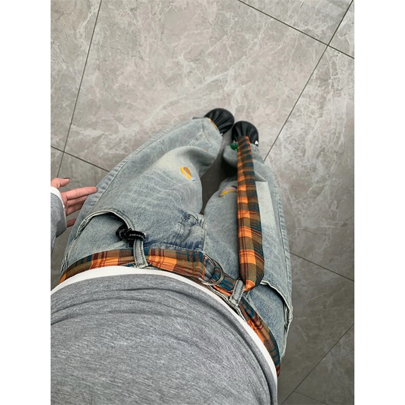 美式高街复古立体刺绣配腰带阔腿牛仔裤男女显瘦直筒弯刀拖地裤潮,男装牛仔裤,电商A486