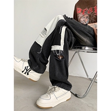 B221美式ins高街小众个性拼接宽松破洞牛仔裤LK23099-P65控88，男装牛仔裤，电商B221