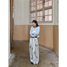 2025年春秋款韩系高级感印花洋气百搭休闲阔腿牛仔裤直筒裤男女，男装牛仔裤，四季星座505