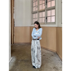 2025年春秋款韩系高级感印花洋气百搭休闲阔腿牛仔裤直筒裤男女图片