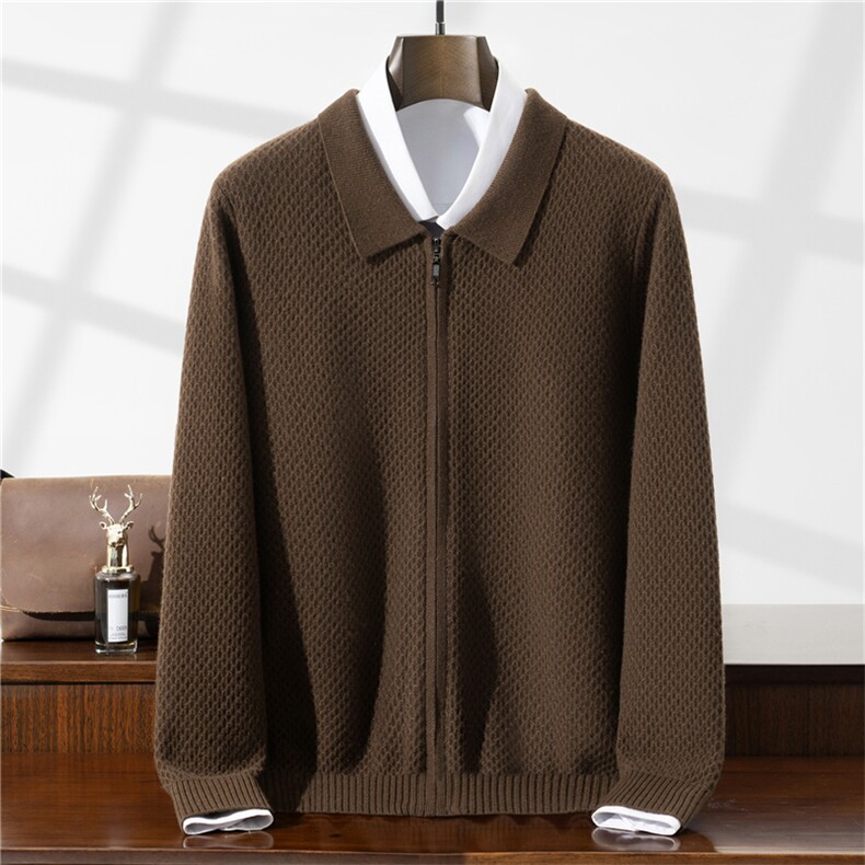 2025年秋冬季100羊毛衫时尚都市加厚polo领羊毛开衫外套，男装针织衫/毛衣，星纬羊绒