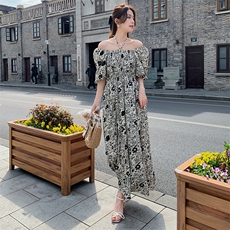 新中式玫红碎花连衣裙女夏季2024国风高级感收腰气质中长a字裙子，女装连衣裙，浙宝276（原081）