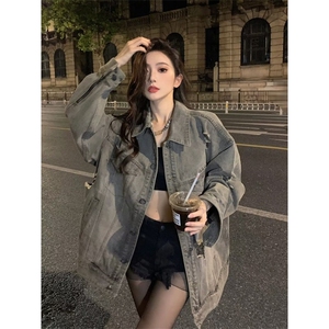 2025美式高街设计感水洗破洞牛仔外套男女春季做旧工装潮vibe夹克图片