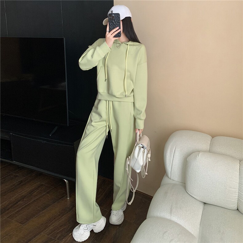 女秋季小清新时尚气质套装抽绳连帽卫衣阔腿卫裤两件套休闲运动潮,女装套装/套裙,江南