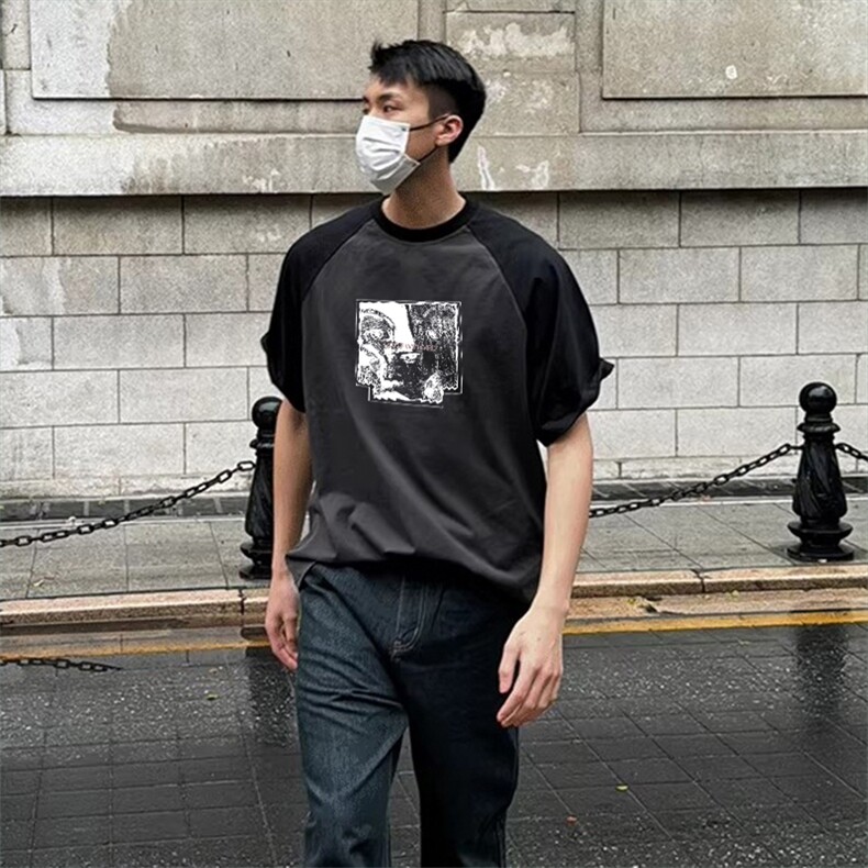 抖音得物高品质二开240克宽松纯棉美式潮牌插肩袖拼接短袖T恤,男装T恤,电商A486