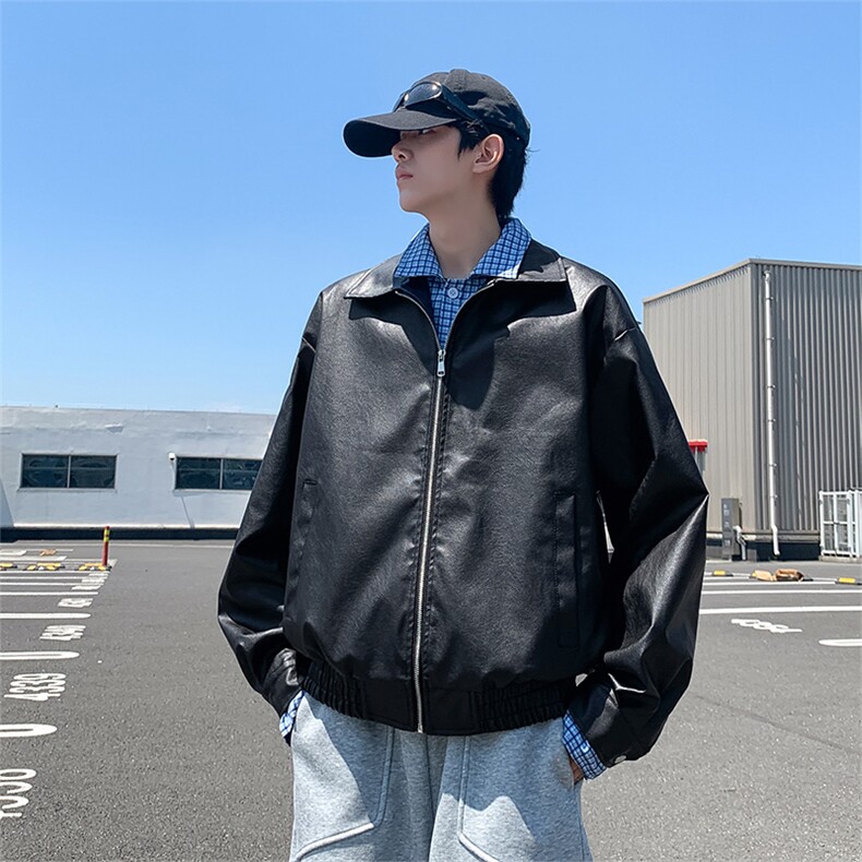 格纹假两件翻领皮衣夹克男ins高街潮牌原宿风宽松夹克JK093-P85,男装皮衣,星座308B-2