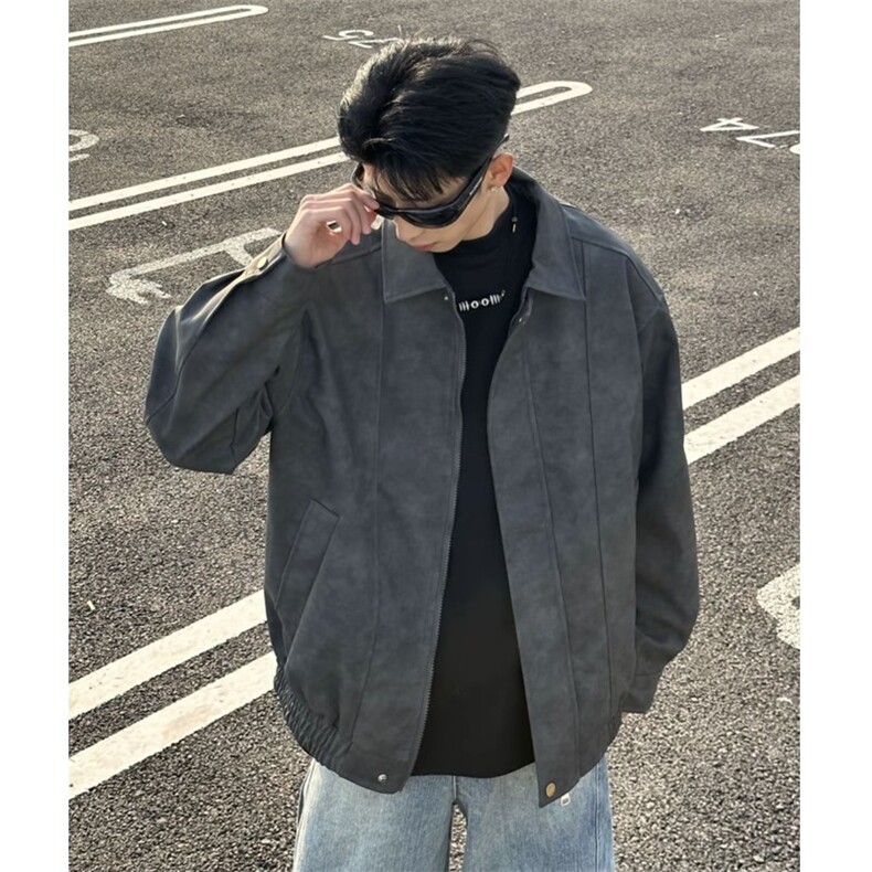 抖音PU皮夹克宽松复古纯色外套DY2407-特P80加厚2408-P90,男装夹克,星座1213
