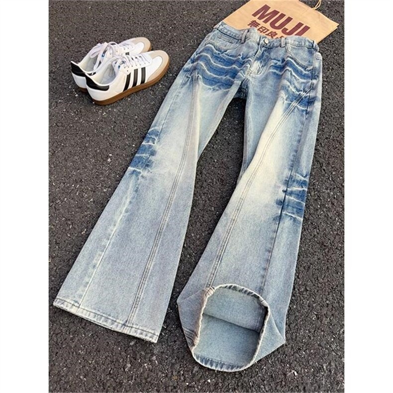 牛仔裤男美式高街vibe闪电纹裤子窄版显瘦直筒微喇裤，男装牛仔裤，星座410-7