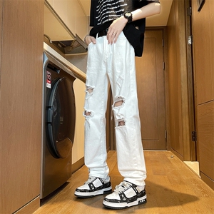 春夏季新款破洞牛仔裤男款潮牌美式宽松直筒裤子图片