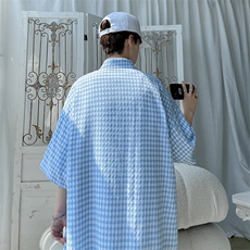 2026夏宽松潮男休闲五分袖衬衫半袖格子衬衣C900/P35蓝色2，男装衬衫，电商A094