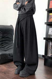 设计感飘带褶皱弯刀西裤男美式复古垂坠感高级感宽松休闲阔腿裤子图片