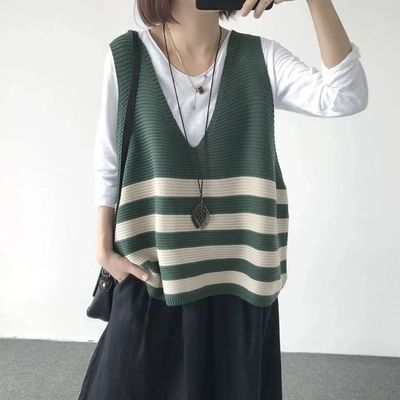 时尚百搭女士秋冬纯棉彩条大V领马甲显瘦修身无袖针织背心外套,女装马甲,洁纯羊绒
