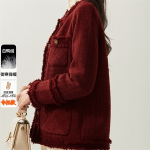 小香风外套女2025冬季新款白鸭绒洋气显瘦手工拉须毛边羽绒服外套图片