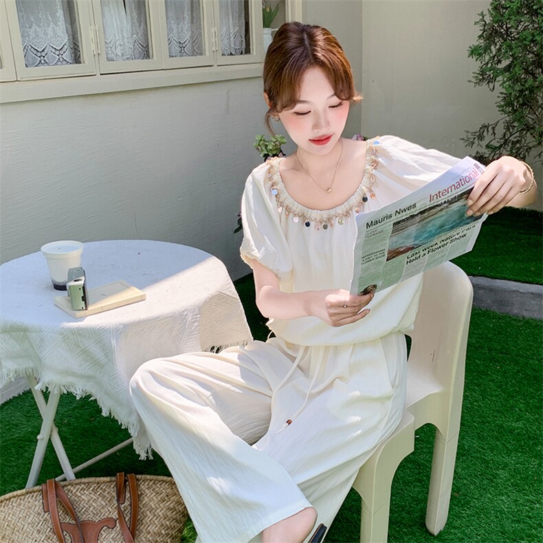 休闲米白色一字肩阔腿裤套装女夏季两件套贵气感御姐穿搭俏皮活泼,童装休闲套装,1C078
