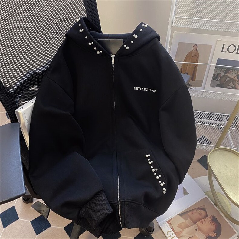 钉珠刺绣结构设计重磅秋冬全棉高品质美式高街连帽卫衣外套Y7813，女装短外套，电商A486-1