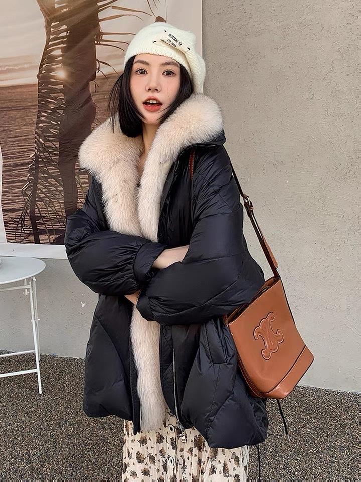 2022新款欧洲站韩版宽松可拆卸真狐狸毛领90%白鸭绒羽绒服,女装羽绒服,L·H·X