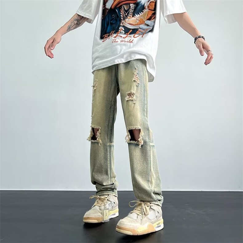 黄泥色破洞牛仔裤男美式复古裤子高街hiphop修身直筒裤GN6021-p45图片