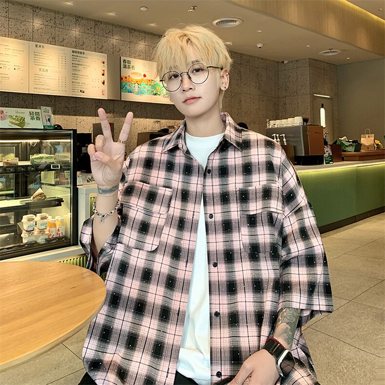 高品质男士高级感烫钻格子衬衫满天星帅气衬衣数据超好c107现货,男装衬衫,星座903-1