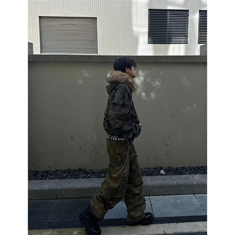 美式复古迷彩连帽卫衣男冬季新款毛领拉链外套宽松重磅上衣设计感,女装短外套,星座506A