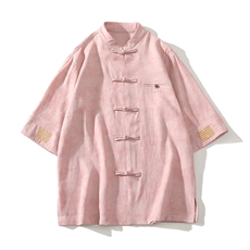 风铜扣盘扣刺绣中式立领衬衫透气开衫短袖潮A087-1-YM663P85，男装T恤，电商A087-1