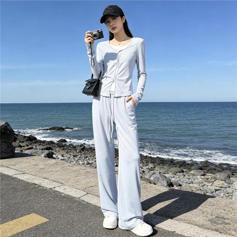 欧货休闲时尚套装女春季新款圆领拼接假两件短款上衣阔腿裤两件套,女装套装/套裙,江南