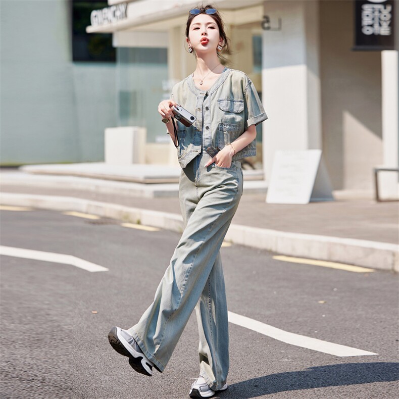2024年夏季薄款立圆领短袖上衣外套+直筒阔腿裤牛仔套装,女装套装/套裙,瑶迪依秀