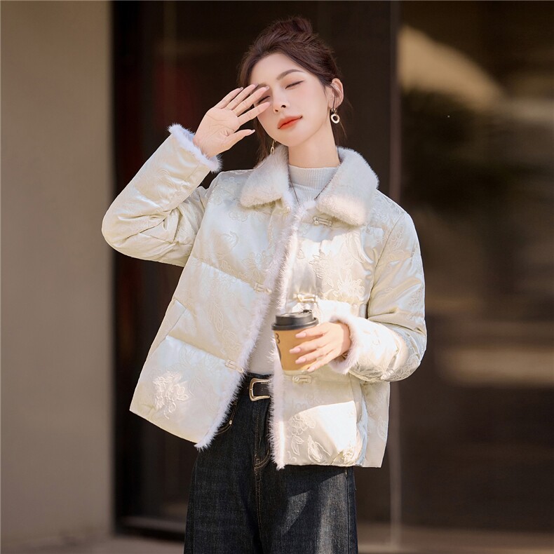 现货2026冬装时尚新款中式古典羽绒服修身显瘦女人味水貂毛拼接潮,女装羽绒服,唯婧