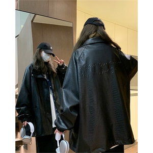 大码pu皮衣夹克钢印美式女复古oversize显瘦设计感情侣机车外套秋图片