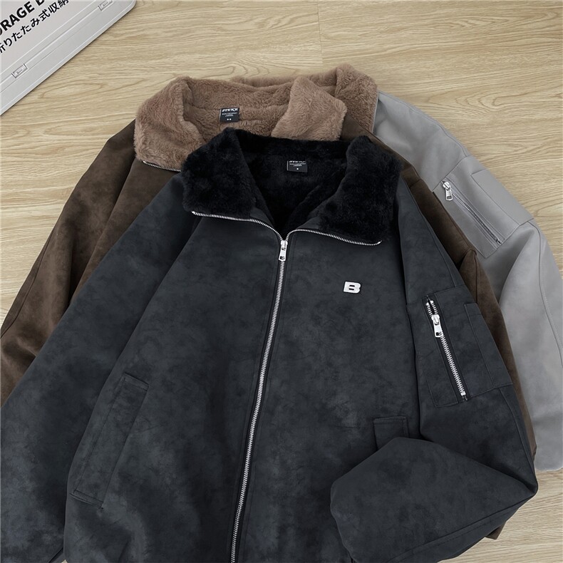 冬季加厚拼接潮牌街头美式pu皮加绒翻领保暖棉服外套，男装皮衣，星座410-7