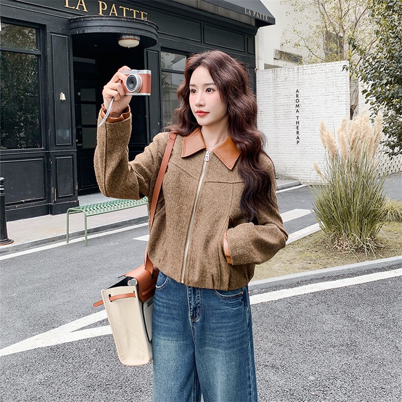 美拉德棕色复古麂皮绒外套女2025秋季巨好看高级感拼皮翻领夹克,女装短外套,2C126
