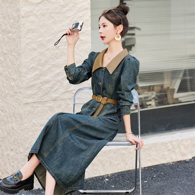 （新款现货）2026春秋新时尚复古色显瘦PU领子拼接牛仔连衣裙,女装连衣裙,印象茜