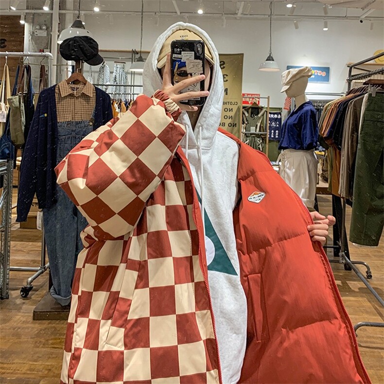两面穿羽绒棉服外套男冬加厚潮牌格子情侣面包服棉衣袄子JK8012图片