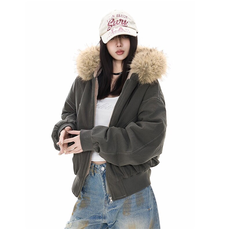 现货重磅boxy短款棉衣座山雕大毛毛领男女棉服水洗工装厚外套,男装棉衣,电商A486-1