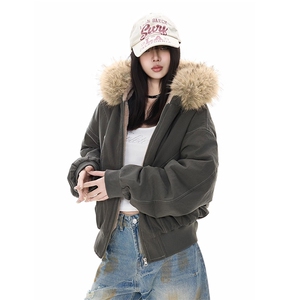 现货重磅boxy短款棉衣座山雕大毛毛领男女棉服水洗工装厚外套图片