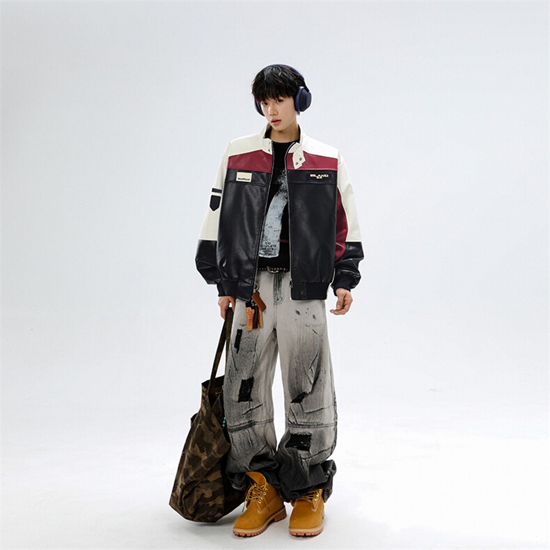 美式pu皮衣外套男拼接撞色机车骑行赛车服飞行员夹克JK08574-P73,男装皮衣,星座308B-2