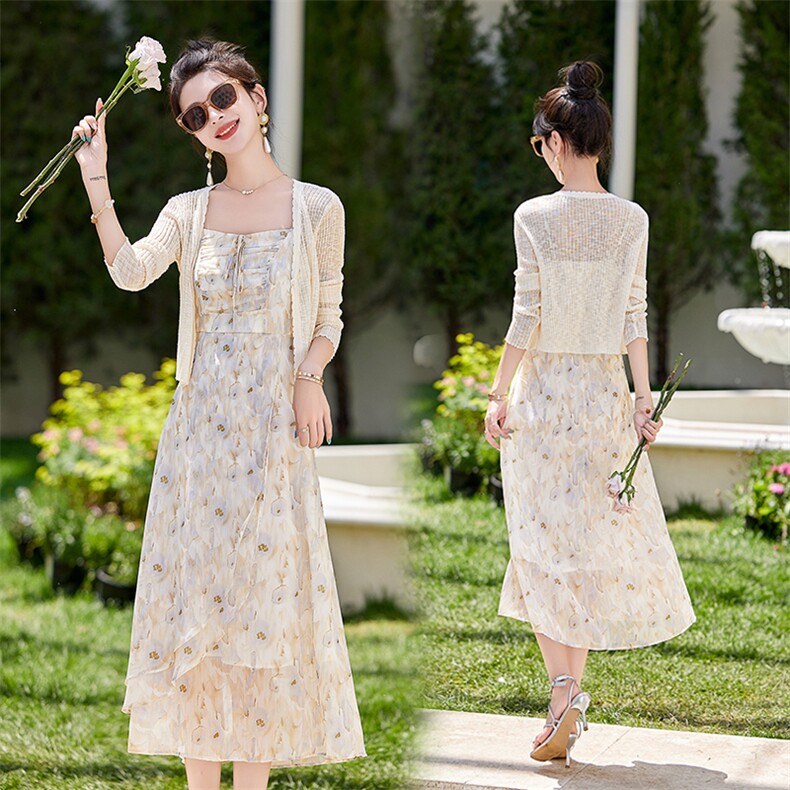 碎花连衣裙两件套2024年夏季新款高级感法式洋气减龄仙女裙套装女，女装套装/套裙，曼琳思菲