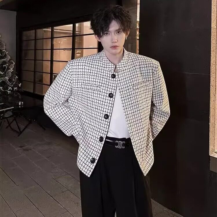 短款垫肩千鸟格西装外套男穿搭立领休闲西服小香风夹克JK240P65,男装西服,星座1013-5