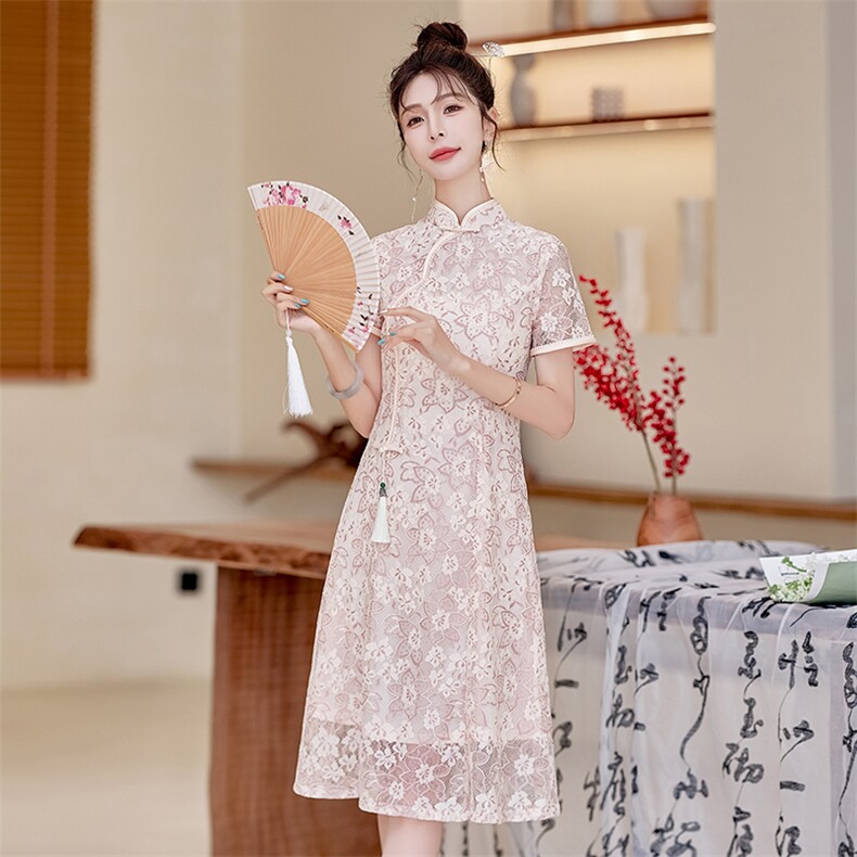 中式蕾丝连衣裙女夏季新款国风刺绣奥黛长裙气质修身改良日常旗袍,女装连衣裙,利佳可人