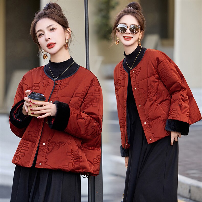 新中式g风羽绒服女2025冬季新款拼接白鸭绒加厚短外套，女装羽绒服，美沁