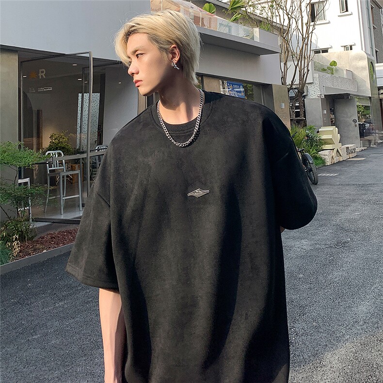 男生麂皮绒纯色重磅短袖潮简约金属标T恤jK23278-特p35-控48图片