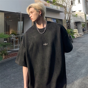 男生麂皮绒纯色重磅短袖潮简约金属标T恤jK23278-特p35-控48图片
