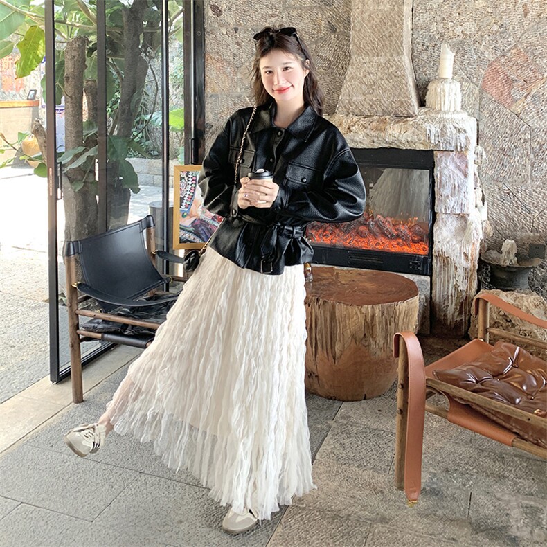 黑色复古皮衣外套半身裙套装女2025春季新款甜酷风气质超火两件套,女装套装/套裙,2C301