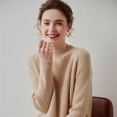 秋冬新款简约舒适抽条圆领35%羊绒衫显瘦百搭保暖女士毛衣，女装羊绒衫，七柒羊绒