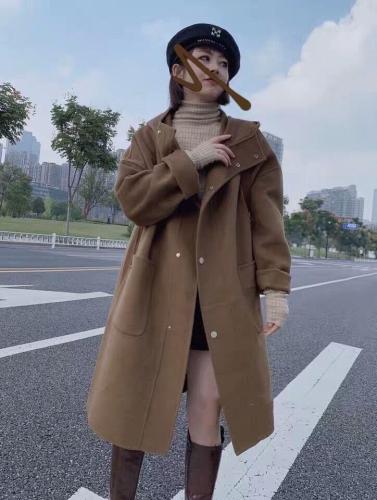 SL20129连帽双口袋长款百分百羊毛双面呢大衣,女装,L·H·X