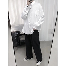 白色衬衫男韩版港风宽松百搭外套上衣服潮流发型师长袖衬衣-S100，男装衬衫，星座601-2