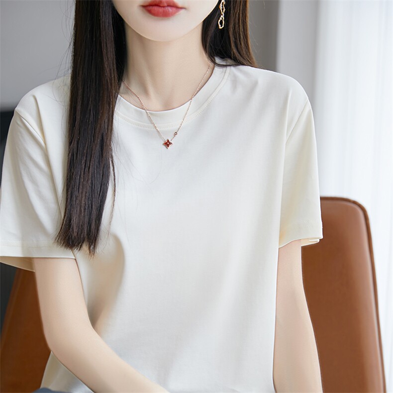 夏季新款简约圆领短袖女宽松百搭显瘦时尚休闲上衣,女装T恤,羊秋羊绒
