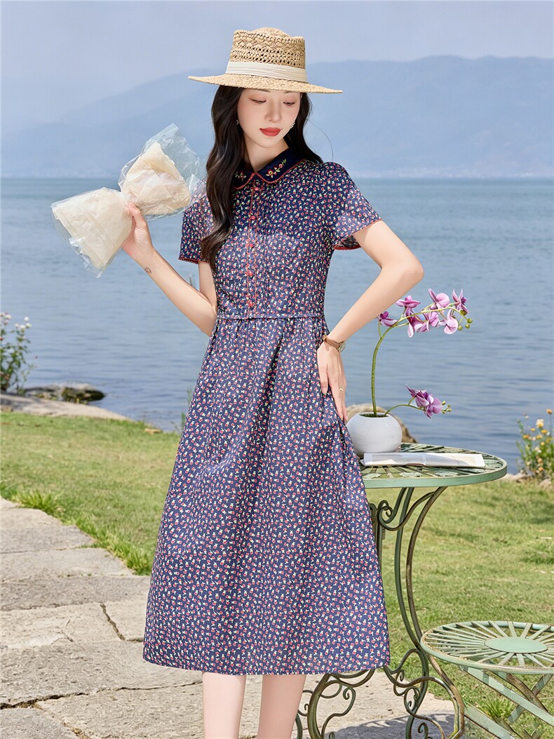 田园风碎花刺绣连衣裙女春夏收腰显瘦中长裙（细节图颜色为准）,女装连衣裙,水衣源